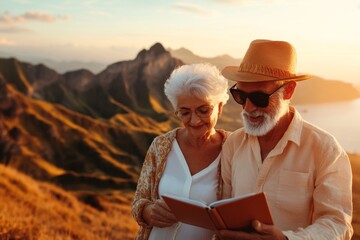 A elderly couple choosing travel destinations from a vacation package catalogue