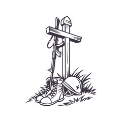 Fallen soldier memorial silhouette. American Independence or Memorial day Vector Clipart Illustration background.