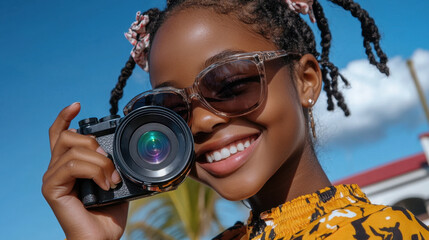 African young girl holding camera with joyful smile under blue sky. International Women of Color Day. National Photography Month