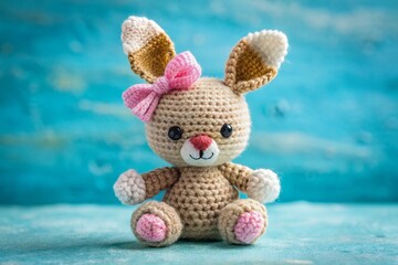 Fototapeta premium Adorable Handmade Knitted Amigurumi Bunny Toy with Bows on Blue Background