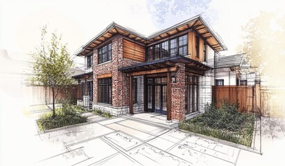 Architectural rendering of a modern two-story house with brick facade, large windows, and a landscaped yard, overlaid on blueprints.