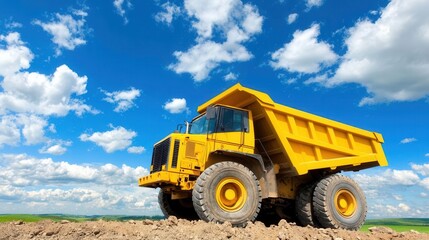 Heavy-duty dump truck operating in open field construction site vehicle bright sky low angle machinery in action