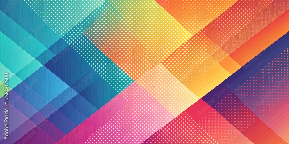 Poster Vibrant Abstract Geometric Design with Colorful Overlapping Shapes and Halftone Dots Pattern