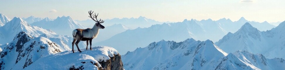Reindeer standing on snowy mountain peak , northern land, reindeer, silhouette