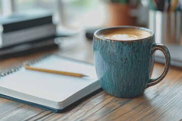 High-angle shot, desk table with pencil, notebook, coffee cup, and Space on the left side.
