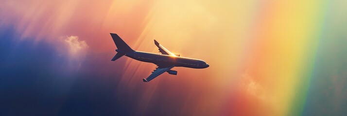 Naklejka premium Airplane flying through a rainbow with a protective shield, symbolizing safe air travel, flight insurance, secure journey with copyspace