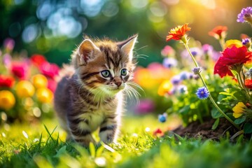 Adorable Kitten Playing in Lush Garden - Cute Cat Stock Photo