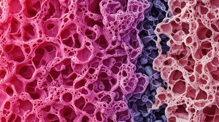 Abstract close-up of colorful porous textures in pink and purple hues