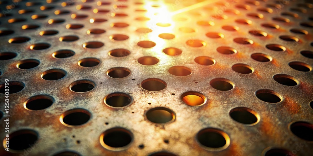 Poster Warm-toned metallic surface with a repeating pattern of circular perforations, illuminated by a bright light source