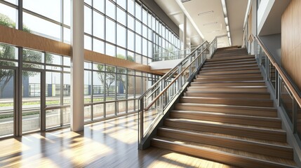 Obraz premium Modern Architecture: Sunlit Staircase in a Glass-Walled Building