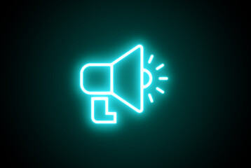Neon megaphone icon. Glowing neon speaker sign, outline loudspeaker pictogram. Glowing neon line Megaphone icon isolated on black background.