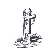 Fallen soldier memorial silhouette. American Independence or Memorial day Vector Clipart Illustration background.