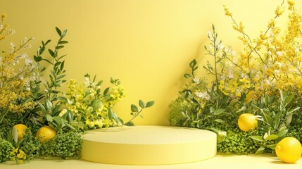 Yellow podium with lemons and flowers.
