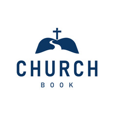 Simple Logo of Church Book with Flowing River Vector Design Illustration