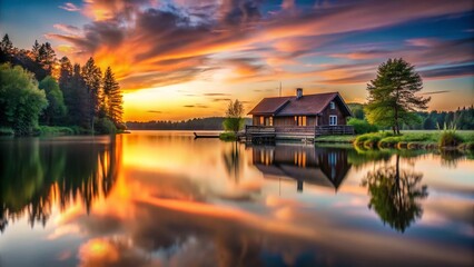 Obraz premium Serene Lakeside House at Dusk - Long Exposure Photography