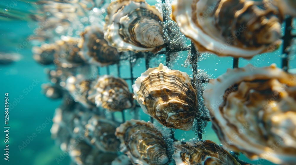 Poster clear turquoise water surrounds multiple oysters hanging from a vertical structure, creating a vibra