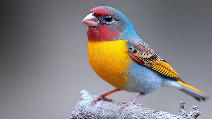 Naklejka premium Featuring a vibrantly colored bird perched on a white surface , The bird displays a striking combination of colors , its head is a vivid magenta
