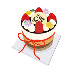 Caramel layered birthday cake on top with fresh cream, strawberries, and edible flowers.