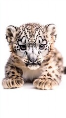 Adorable Snow Leopard Cub Portrait Against White Background