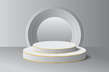 The 3D podium, elegant with a minimalist design in white and gold, features a circular platform and curved backdrop, perfect for displaying luxury products.