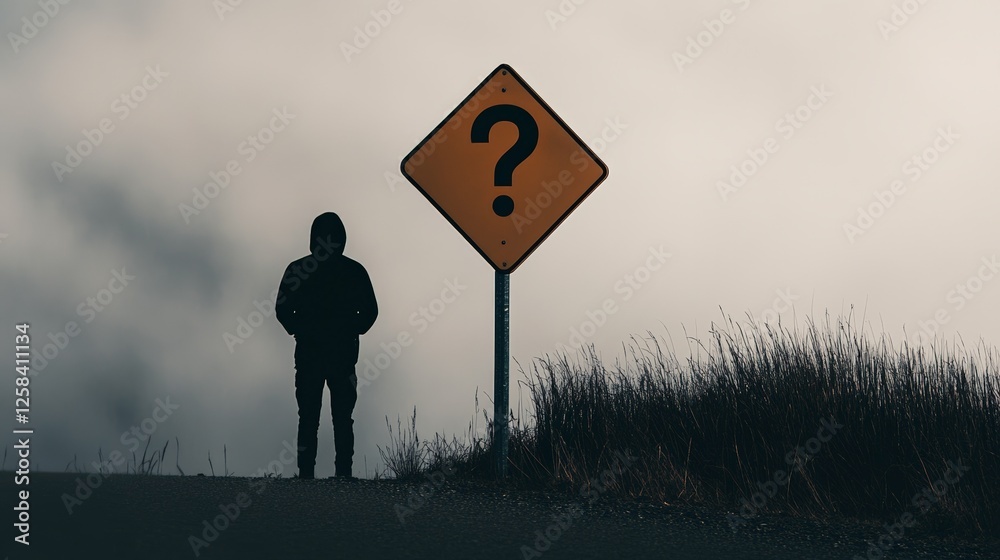 Poster person looking at question mark road sign in a foggy day, representing difficulty in making decision