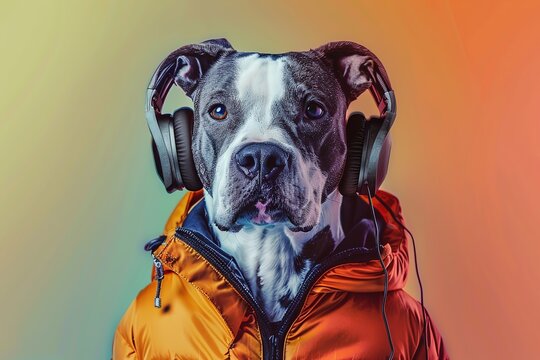 Cute american staffordshire bull terrier dog with headphones listening to music, Ai generated