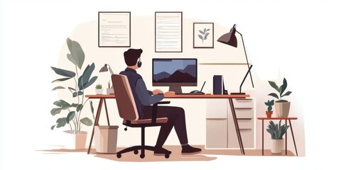 Fototapeta premium Young caucasian male working at home office desk with plants and computer