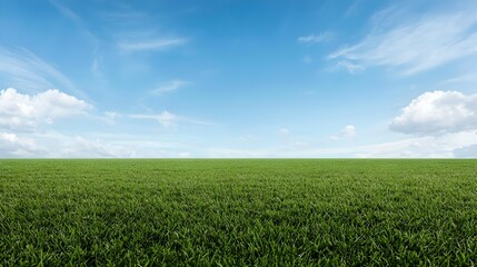 Wide Shot Of Green Grass Field Under A Light Blue Sky With Fluffy Clouds