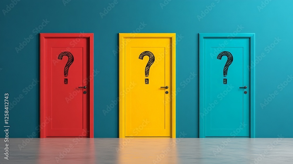 Aufkleber three colorful doors featuring question marks illustrate the fear of better options and the complexi
