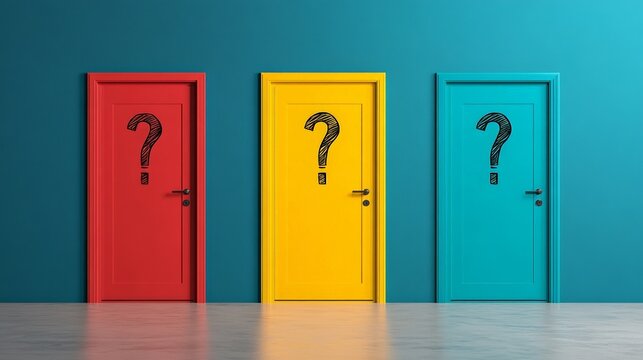 Three colorful doors featuring question marks illustrate the fear of better options and the complexities of making significant life and career decisions