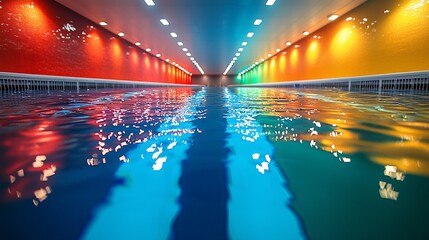 Fototapeta premium Tranquil indoor swimming pool with colorful illuminated walls reflecting in the water