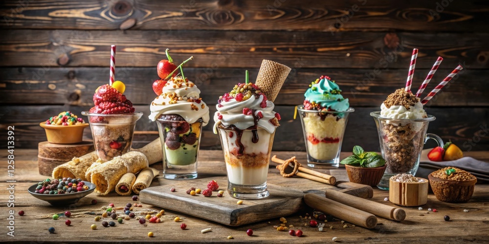 Poster assortment of decadent creamy desserts with various toppings and colorful sprinkles arranged on a ru