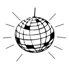 Disco ball doodle line tattoo y2k coquette trendy groovy decoration. Retro dance party line hand drawn design elements. Disco ball with stars, sketch