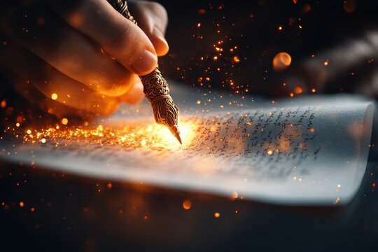 A magical ancient scroll being published by glowing mystical runes as a wizard inscribes the final words