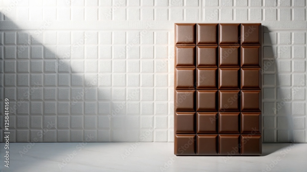 Poster a delicious milk chocolate bar rests against a textured white background, illuminated by a soft ligh