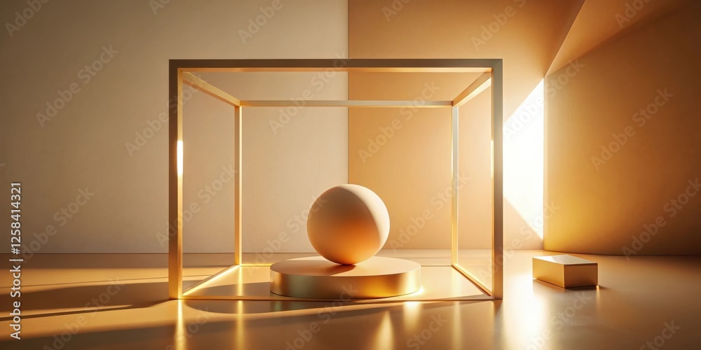 Poster golden cube enclosure with a sphere on a pedestal