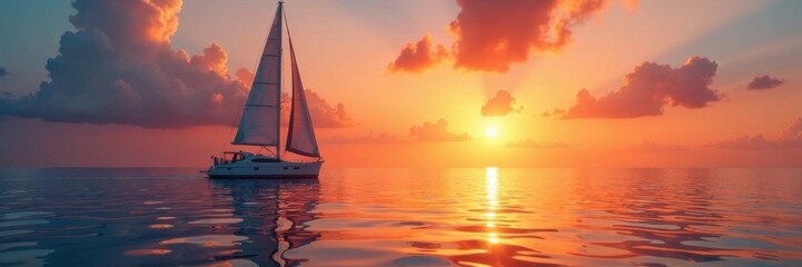 Obraz premium Sailing boat on calm sea at sunset, trees, boat, sea