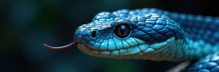Scaled face of blue viper snake with forked tongue extended , facial expression,