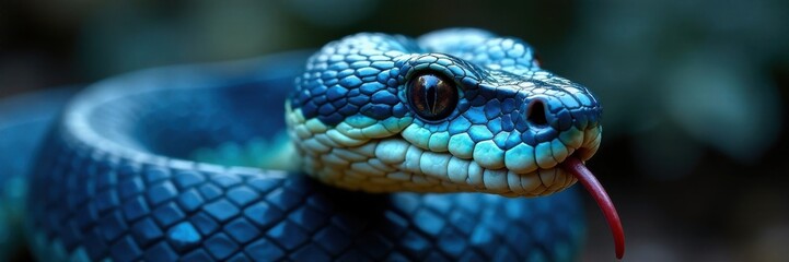 Scaled face of blue viper snake with forked tongue extended , viperidae, , snakes