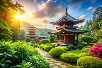 Obraz premium Serene Temple Garden: Lush Greenery & Ancient Architecture Stock Photo