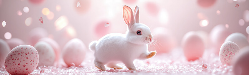 Obraz premium Cute Easter bunny jumping on the pink background surrounded by colorful eggs. Easter concept.