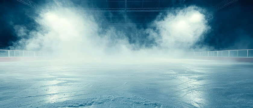 Professional ice hockey rink with dramatic lighting, fog, skate marks. Panoramic scene with winter sports arena for competition, championship. Sport background.Generative ai