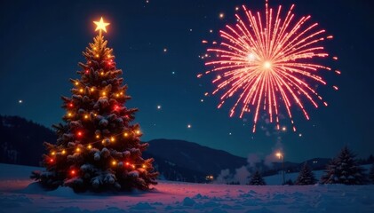 Sparkling fireworks exploding in the night sky above a festive Christmas tree, fireworks, festive atmosphere, christmas