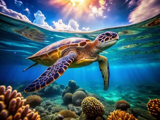 Fototapeta premium Serene Turtle, Long Exposure Underwater Swim, Ocean Wildlife