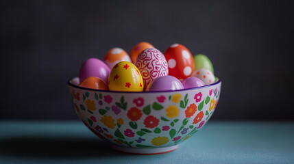 Colorful eggs arranged beautifully in a decorative bowl for Easter Sunday celebration