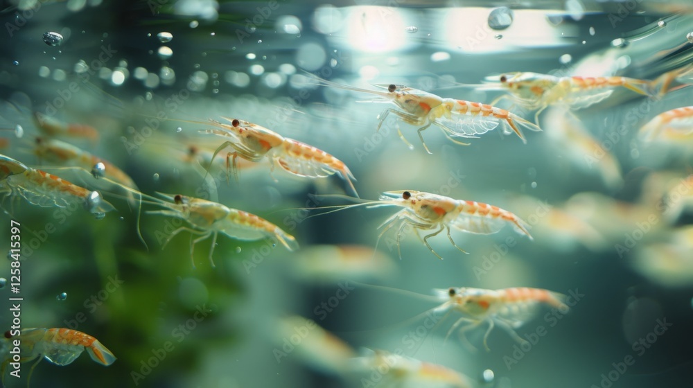 Poster small shrimp swim energetically in a clear aquarium, creating trails of bubbles while exploring thei