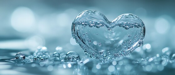 Floating heartshaped water droplet surrounded by tiny bubbles, clear and crisp, set against a plain background with no sunlight exposure