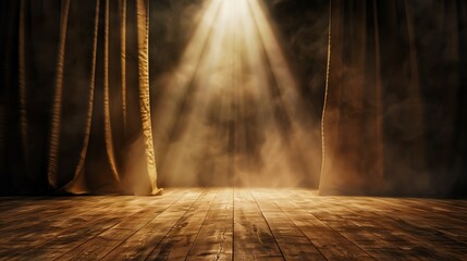 Obraz premium A dimly lit stage with curtains, illuminated by a spotlight, creating a dramatic atmosphere perfect for performances.