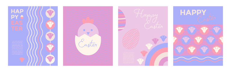 Happy Easter set of banners, posters in pastel colors. Greeting cards and cover design with flowers, Easter eggs, chickens and typography in a flat geometric style