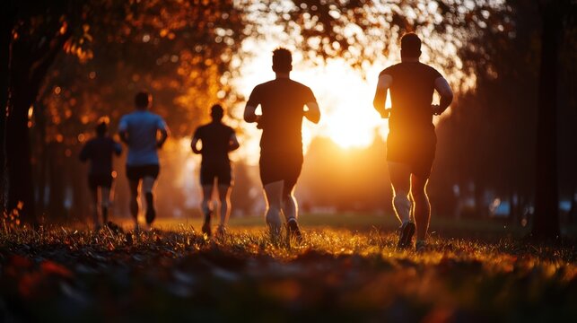 Group of people jogging in park at sunrise. Bee Active Bee Healthy Bee Happy Week - Powered by Adobe